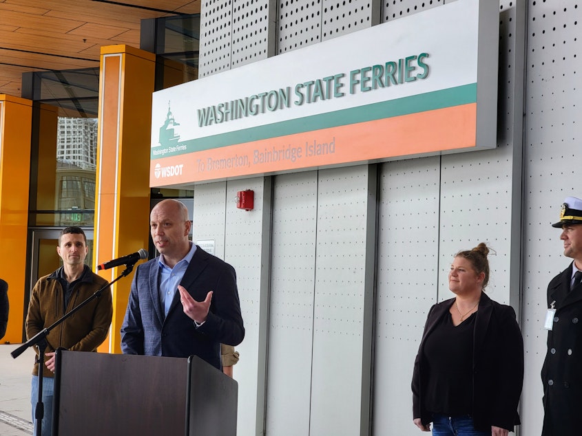 caption: WSF's Steve Nevey speaks at his first press conference at Seattle's Colman Dock on Tuesday, April 9, 2024.