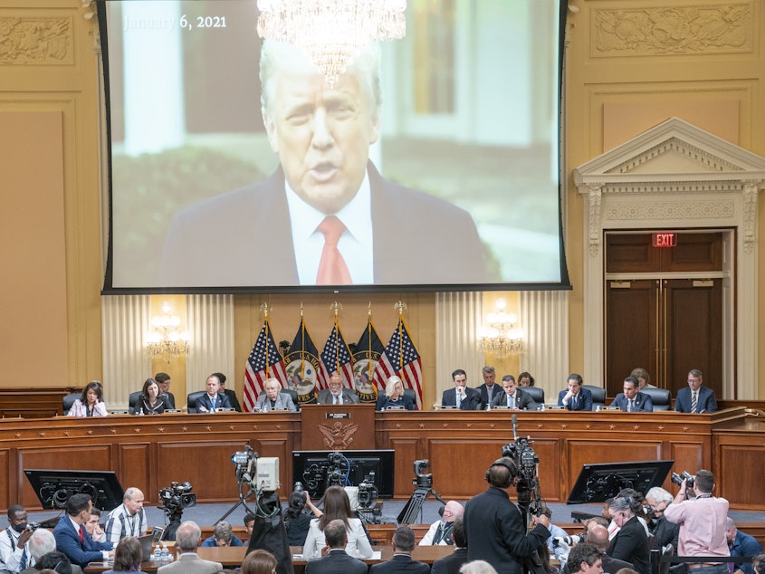 caption: A video of former President Donald Trump from his Jan. 6 Rose Garden statement is played as Cassidy Hutchinson, a former top aide to White House Chief of Staff Mark Meadows, testifies during the sixth hearing held by the House select committee investigating the Capitol insurrection on Tuesday, June 28, 2022.
