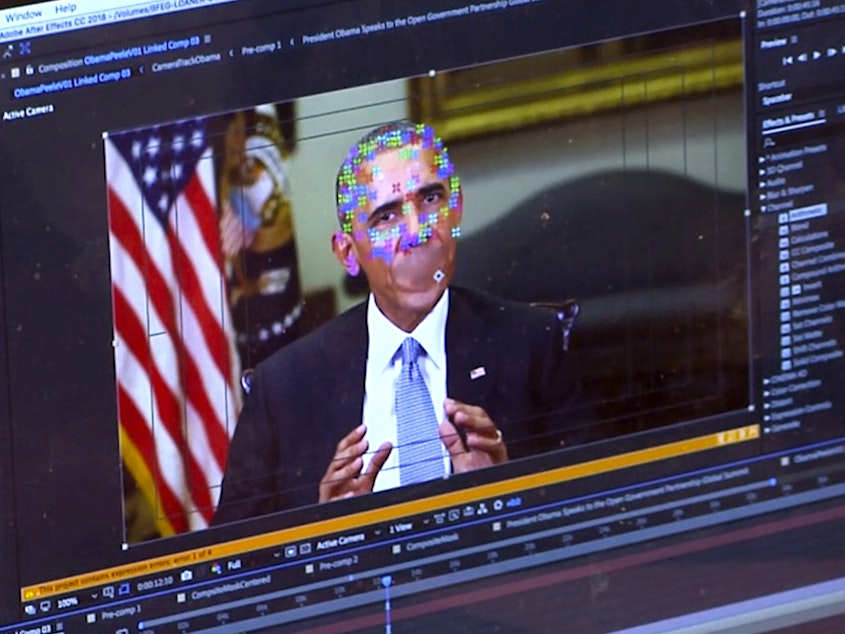 caption: This image made from video of a fake video featuring former President Barack Obama shows elements of facial mapping used for deepfakes that lets anyone make videos of real people appearing to say things they've never said.