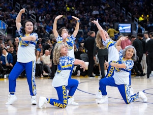 caption: The Hardwood Classics perform at the Chase Center in San Francisco, Calif.