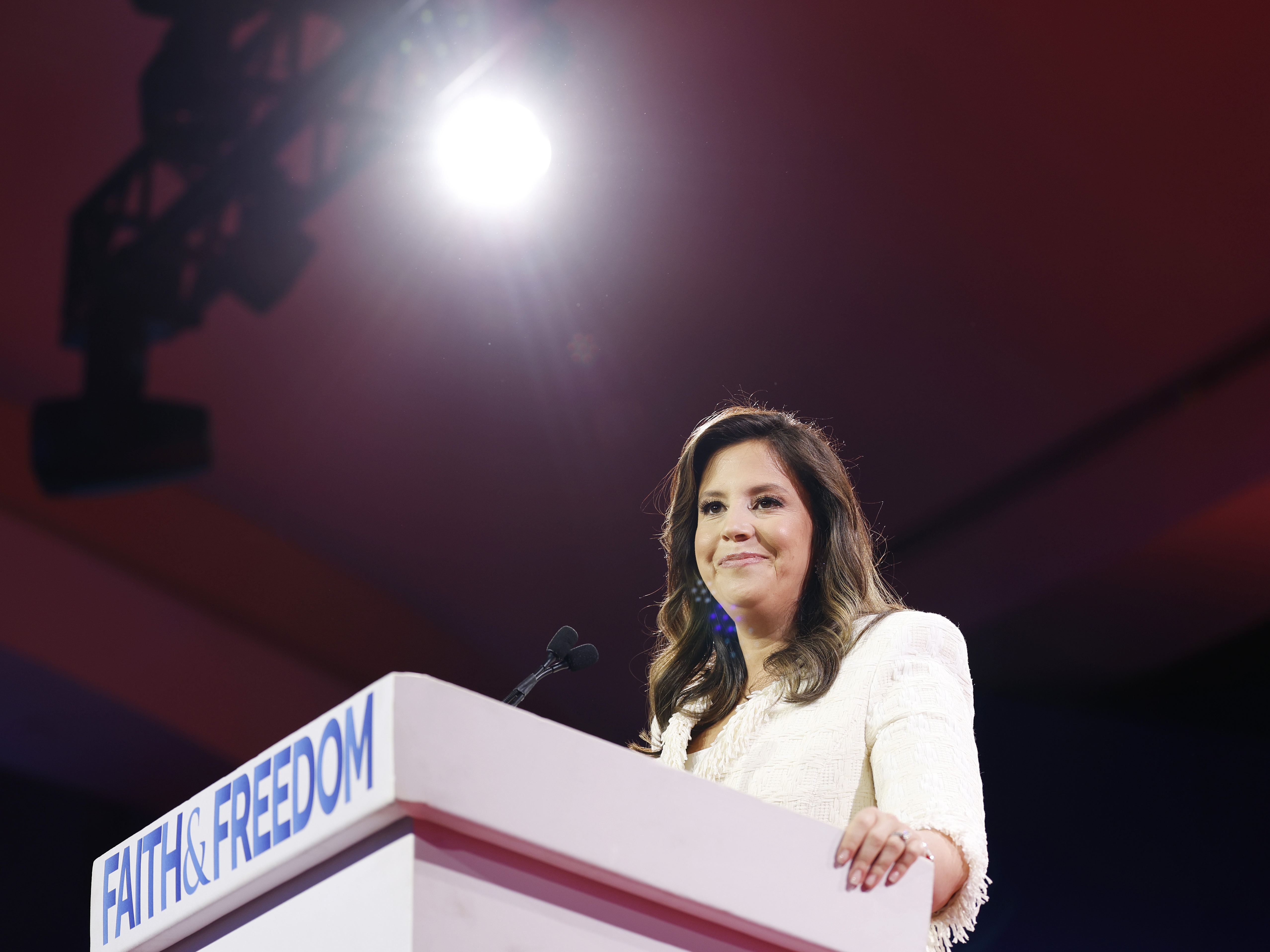caption: House Republican Conference Chair Elise Stefanik speaks at the Faith and Freedom Road to Majority conference in Washington Hilton on June 21, 2024.