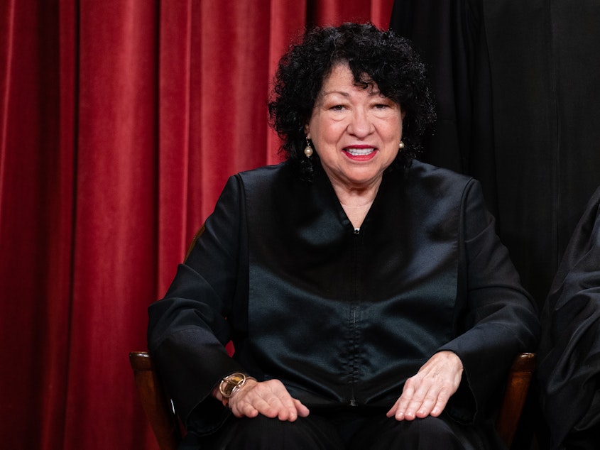 caption: Justice Sonia Sotomayor during the formal group photograph at the Supreme Court on Oct. 7, 2022.