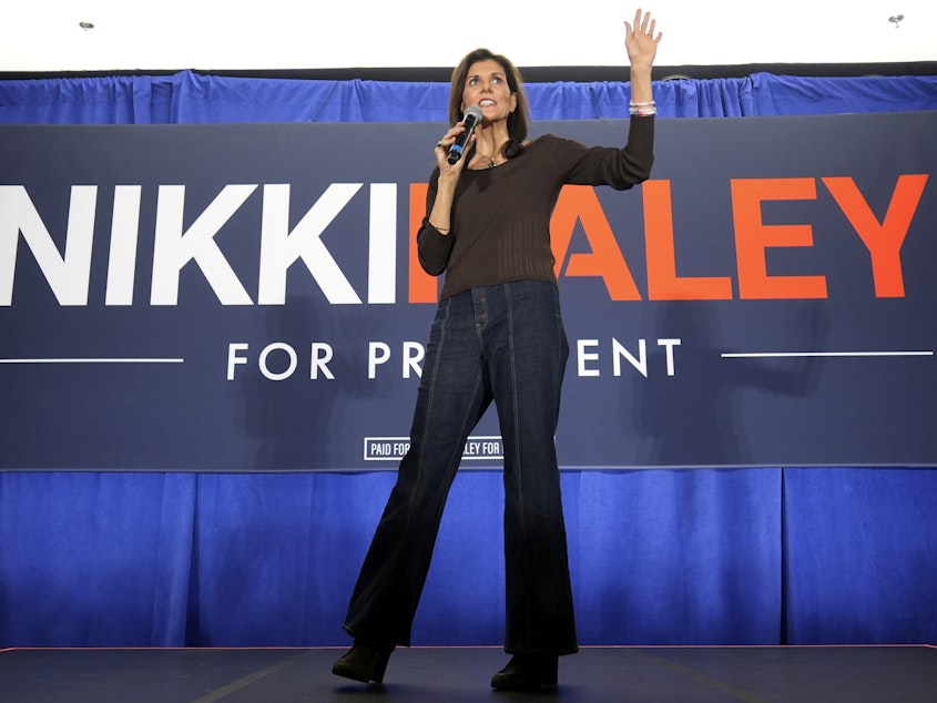 caption: Republican presidential candidate and former U.N. Ambassador Nikki Haley speaks at a campaign event Thursday in Falls Church, Va.