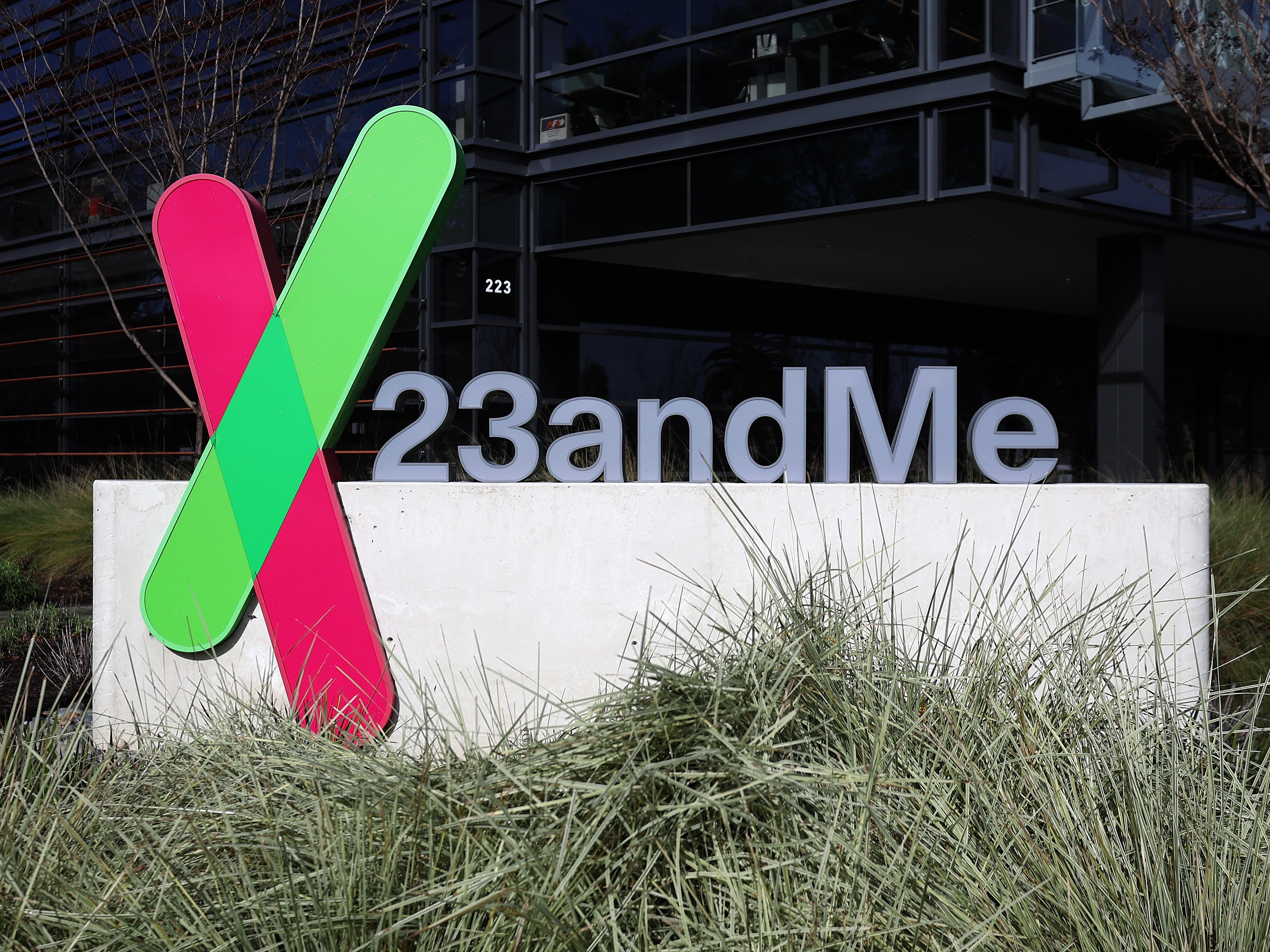 caption: A sign is posted in front of the 23andMe headquarters on February 01, 2024 in Sunnyvale, California.