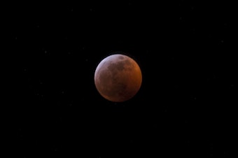 caption: A super blood wolf moon lunar eclipse is shown on Sunday, January 20, 2019, in Seattle. 