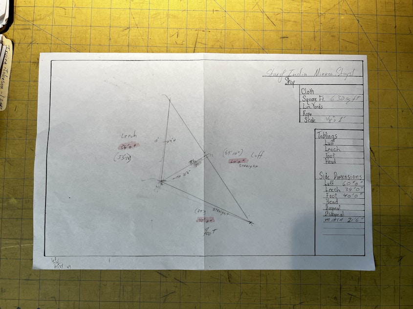 caption: An outline of the sail they're creating for the "Star of India," a museum ship housed in San Diego.