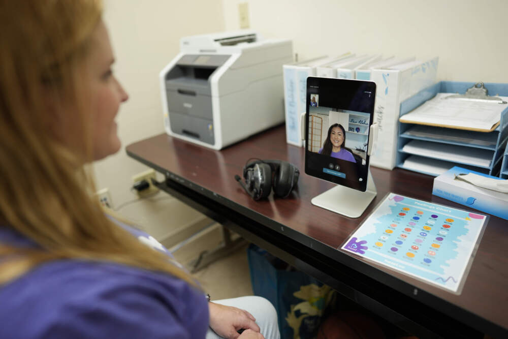 caption: Therapist Norma Kawatta, seen on screen, talks to Paris Carroll, VP of mental health clinical services for Hazel Health, as the pair demonstrate how the company's telehealth therapy service works. (Rebecca Blackwell/AP)