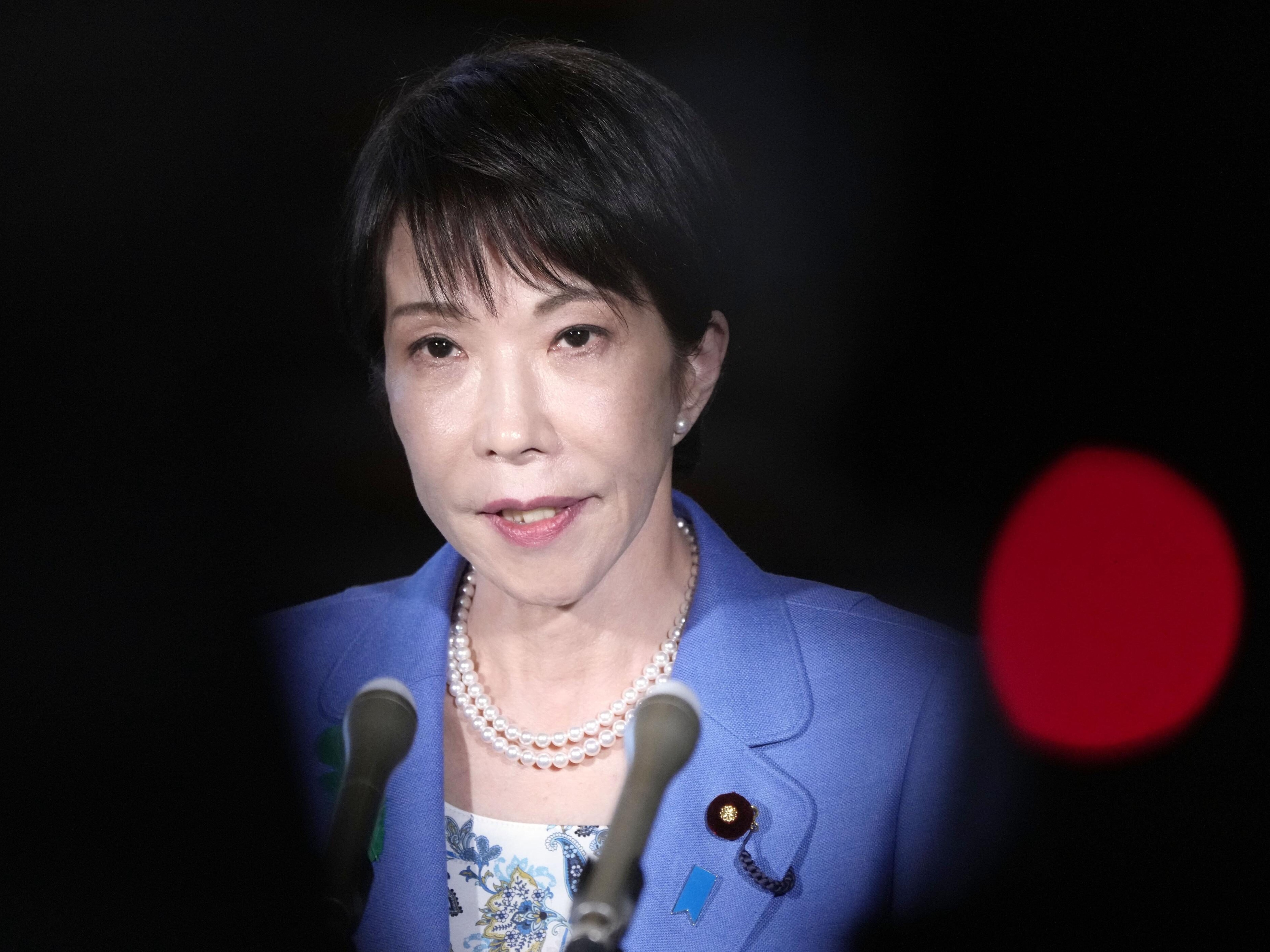 caption: Japan's Prime Minister Sanae Takaichi speaks to reporters at her office in Tokyo Monday, April 13, 2026, after holding telephone talks with her Pakistani counterpart Shehbaz Sharif.