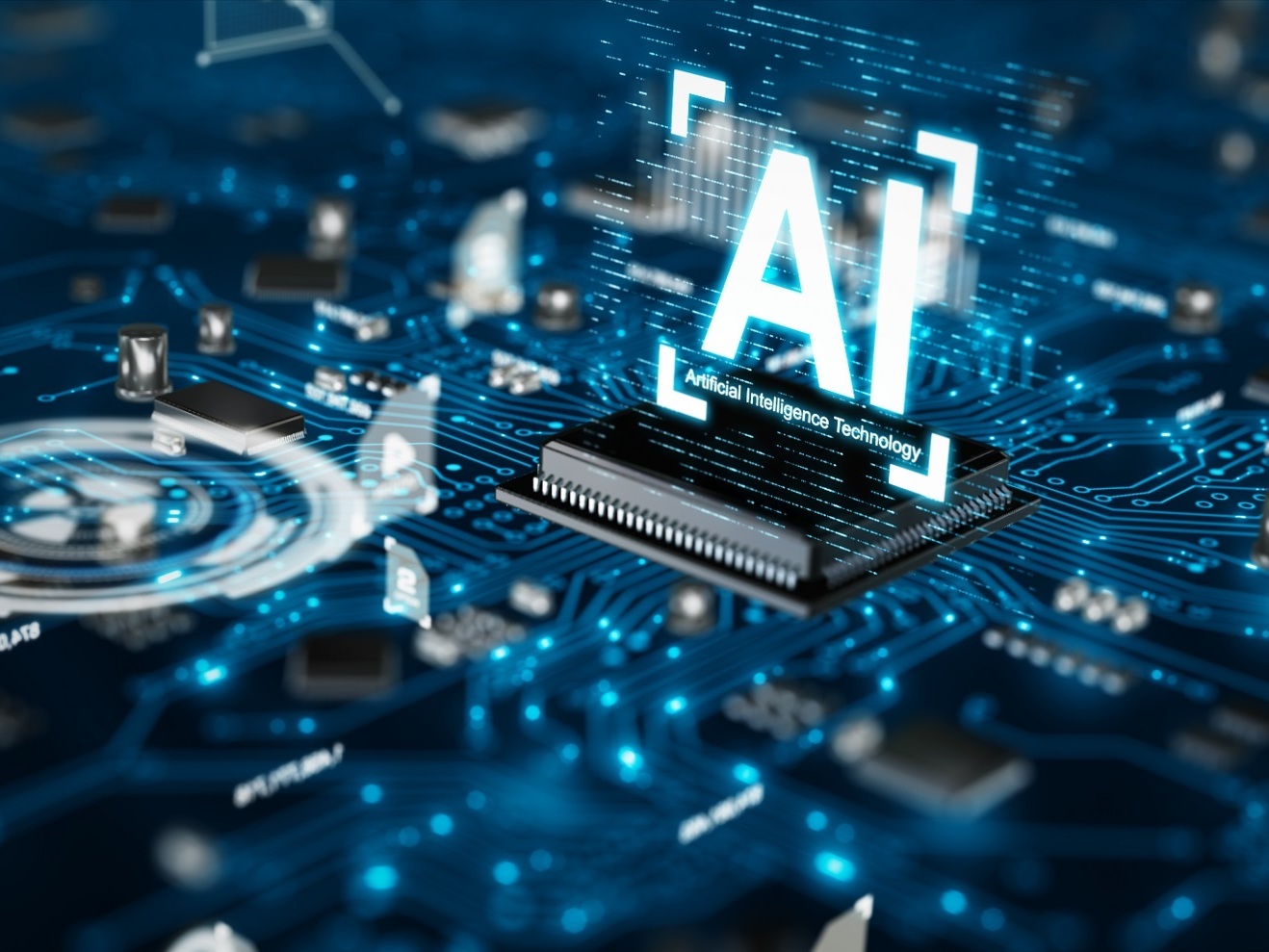 A three-dimensional image render AI artificial intelligence technology CPU central processor unit chipset on the printed circuit board for electronic and technology concept select focus shallow depth of field