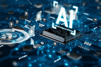A three-dimensional image render AI artificial intelligence technology CPU central processor unit chipset on the printed circuit board for electronic and technology concept select focus shallow depth of field