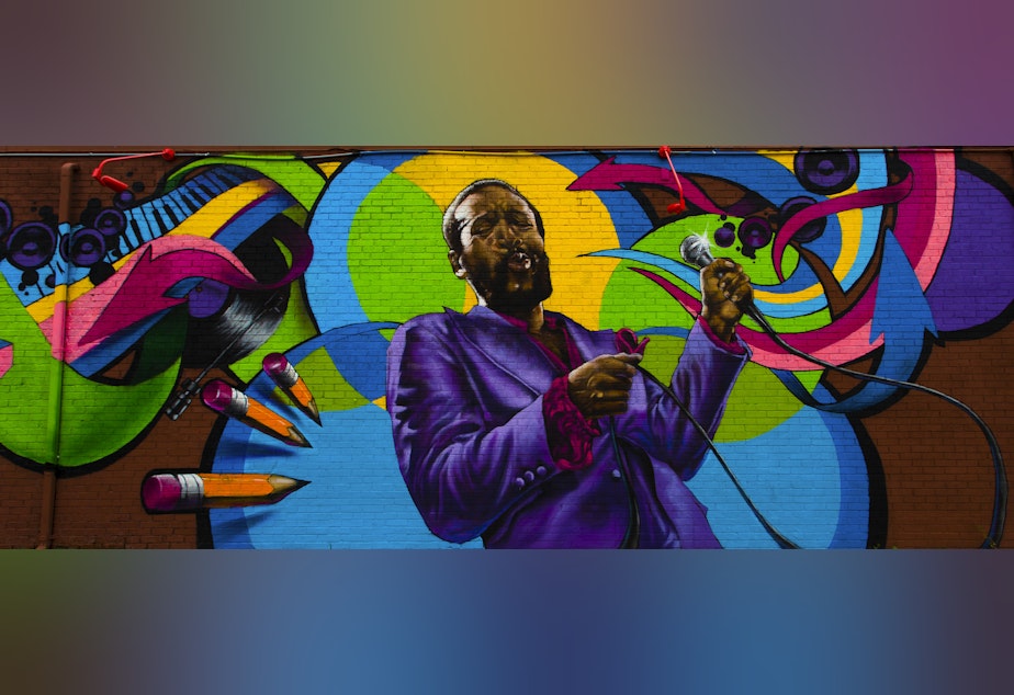 caption: A mural of musician Marvin Gaye in Washington, D.C.