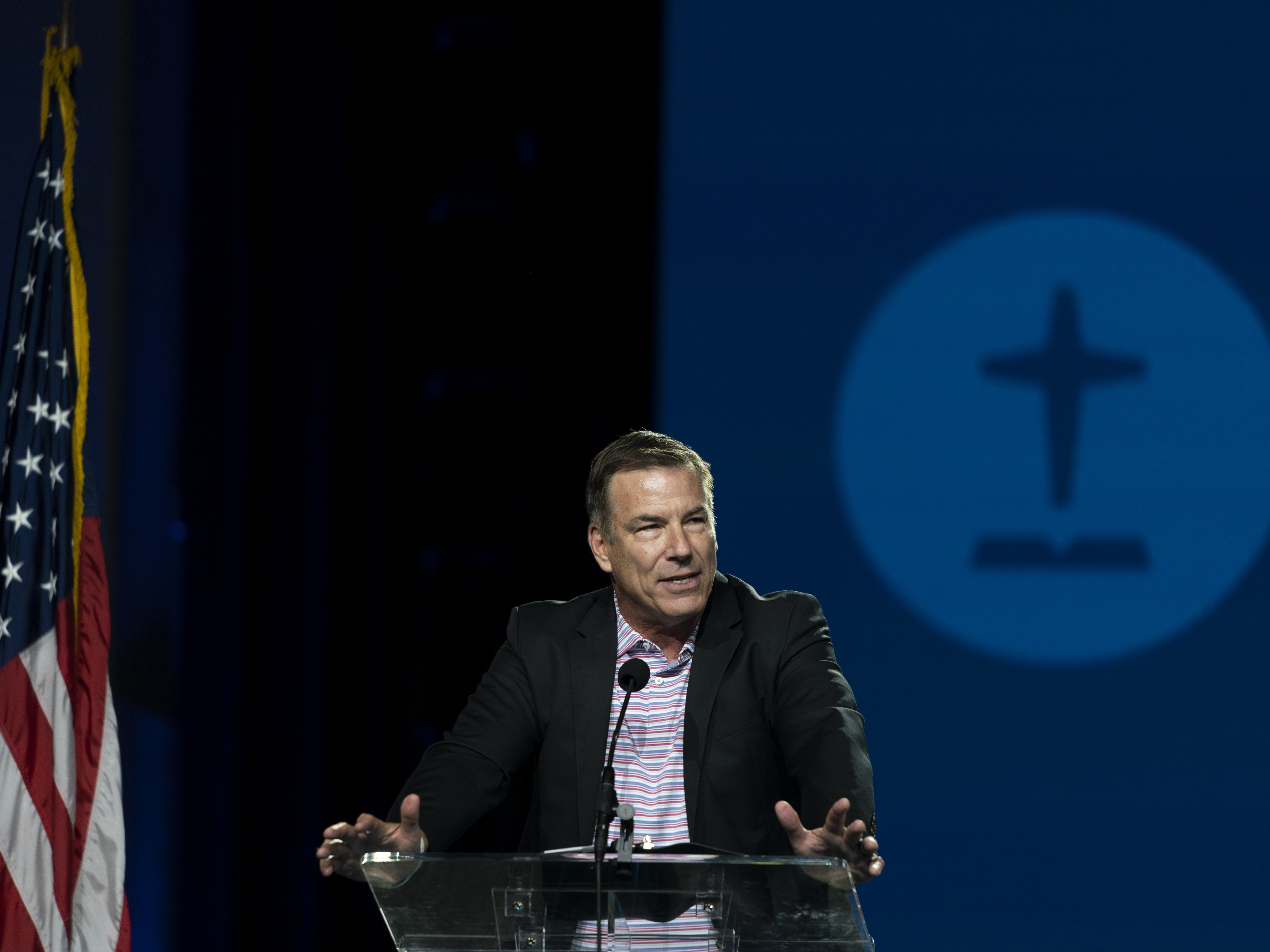 caption: Bruce Frank, chairman of the Southern Baptist Convention's sexual abuse task force, speaks during its annual meeting in Anaheim, Calif., Tuesday, June 14, 2022.