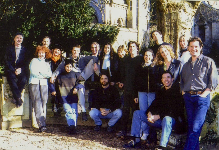 caption: Members of the Ardeo Theatre Project outside their chateau near Poitiers, France in 2001.