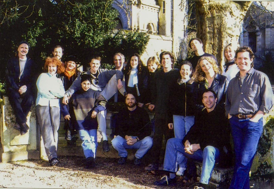 caption: Members of the Ardeo Theatre Project outside their chateau near Poitiers, France in 2001.