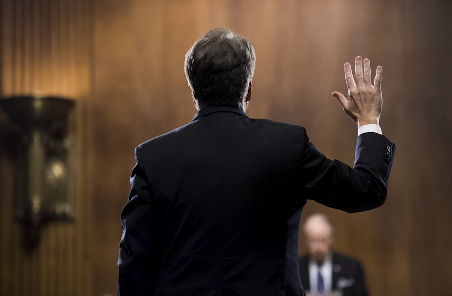 caption: Supreme Court nominee Judge Brett Kavanaugh is sworn in before testifying during the Senate Judiciary Committee, Thursday, Sept. 27, 2018 on Capitol Hill in Washington.