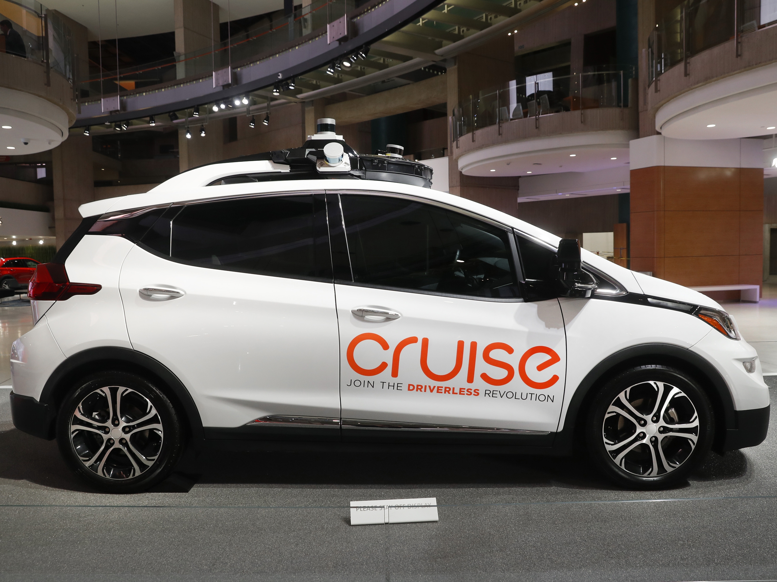 caption: Cruise AV, General Motor's autonomous electric Bolt EV, is seen on Jan. 16, 2019, in Detroit.