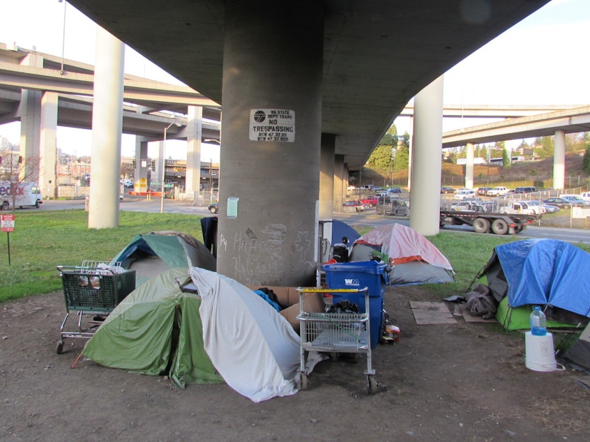 caption: A homeless camp beneath an Interstate 5 off-ramp in Seattle's Sodo district.