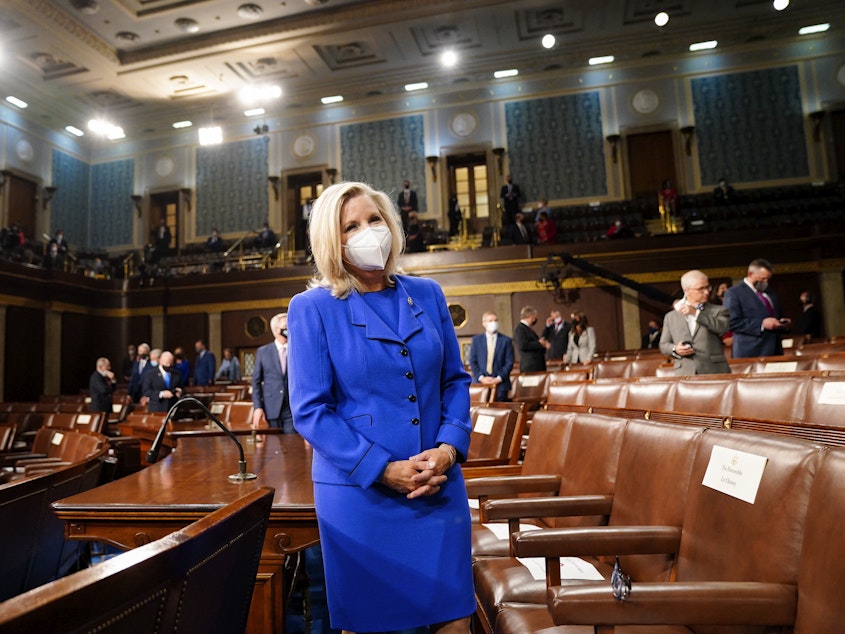 caption: The political future of Rep. Liz Cheney, seen here on April 28 ahead of President Biden's joint address to Congress, is increasingly in doubt as the Wyoming Republican refuses to back down from criticism of former President Donald Trump.