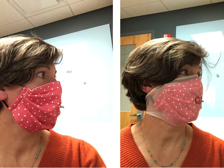 caption: Researcher Loretta Fernandez of Northeastern University wears a homemade face mask without and with an extra outer layer made from nylon stockings (right). The added nylon outer layer significantly boosted masks' ability to filter out small particles, her research found.