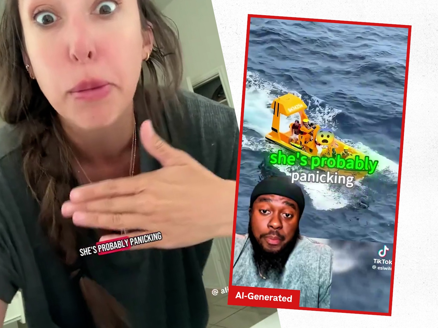 caption: TikTok researchers and users say there is yet another type of deception to look out for on the hit video app: Deepfake videos that copy the exact words of a real creator but in a different voice. In this case, the screenshot on the left is the original TikTok video; on the right is a copy using an apparently AI-generated persona.