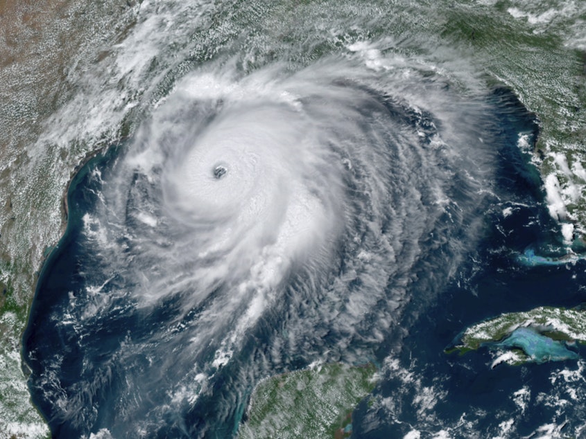 caption: Hurricane Laura approaches the Gulf Coast of the U.S. on August 26. The storm rapidly intensified before it made landfall.