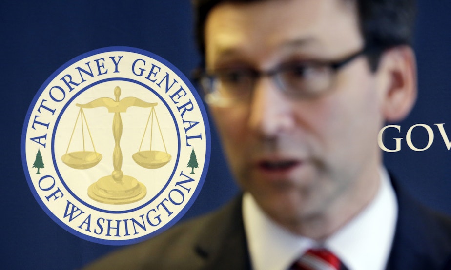 caption: In this March 6, 2017, file photo, the logo for the Washington State Attorney General's office stands behind as Attorney General Bob Ferguson speaks at a news conference, in Seattle.