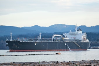 caption: The liquified petroleum gas tanker Levant at anchor off Port Angeles, Washington, on Dec. 16, 2019, the day after it plowed through a wharf in Ferndale.