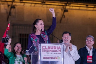 caption: Claudia Sheimbaum celebrating during her speech in Mexico City on Sunday.
