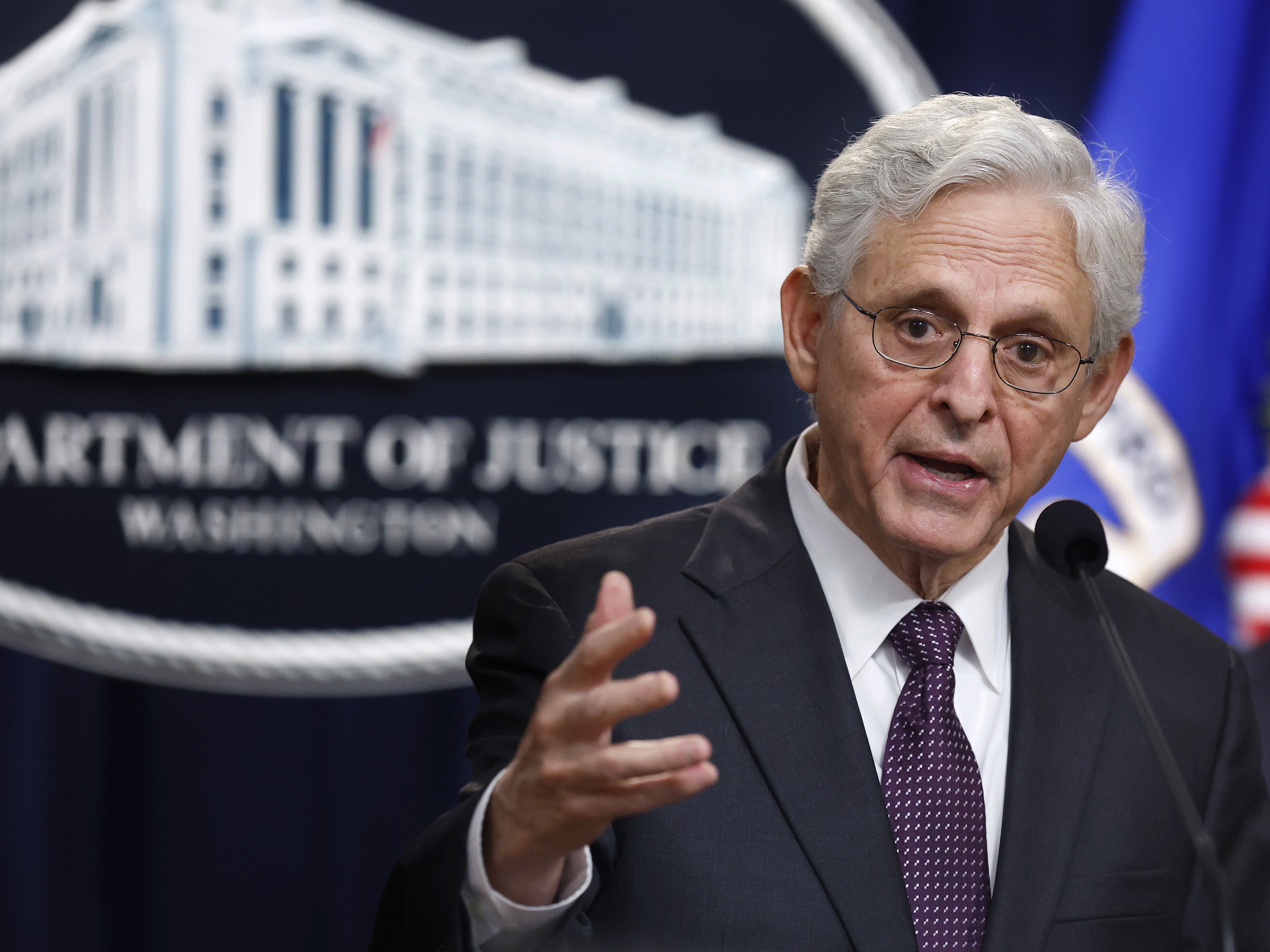 caption: U.S. Attorney General Merrick Garland speaks at the Department of Justice on Sept. 27.