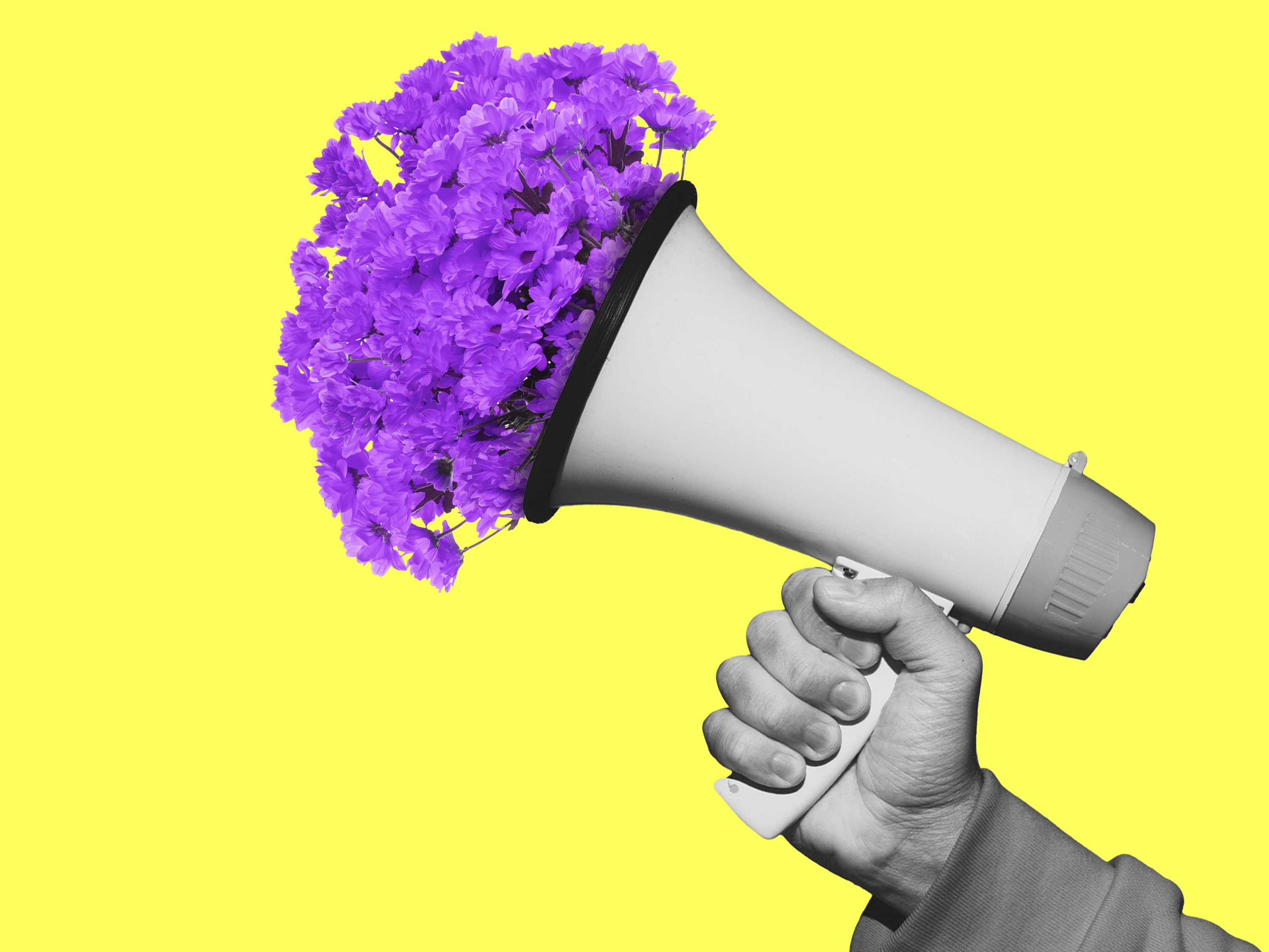 Male hand with megaphone. Contemporary art collage, modern artwork. Concept of idea, inspiration, creativity and beauty.