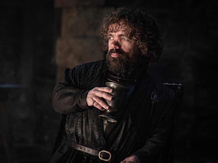 caption: Tyrion (Peter Dinklage) in his cups (well, goblets, technically) on <em>Game of Thrones</em>.