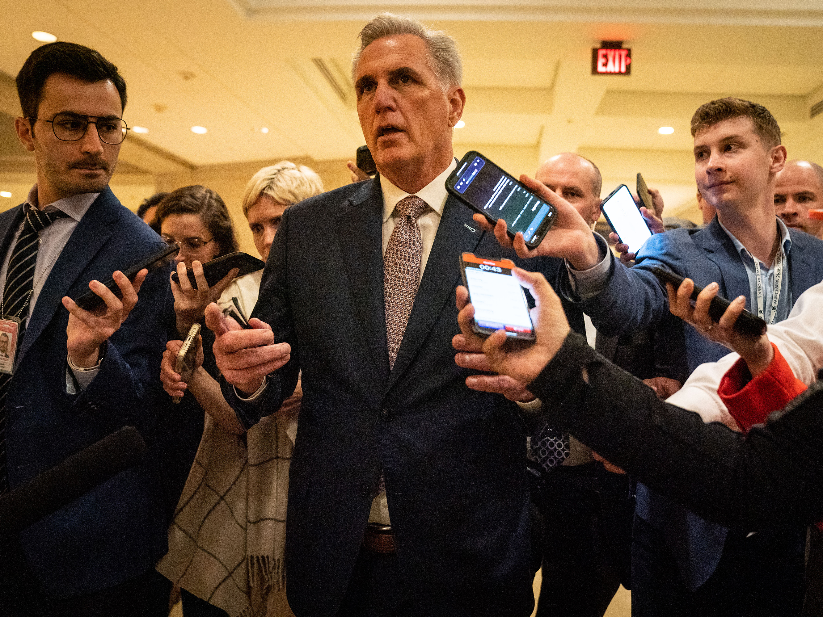 caption: House Minority Leader Kevin McCarthy (R-CA) speaks with reporters as he leaves a House Republican Caucus Meeting for the House Floor on Capitol Hill on Monday, Nov. 14, 2022 in Washington, DC.