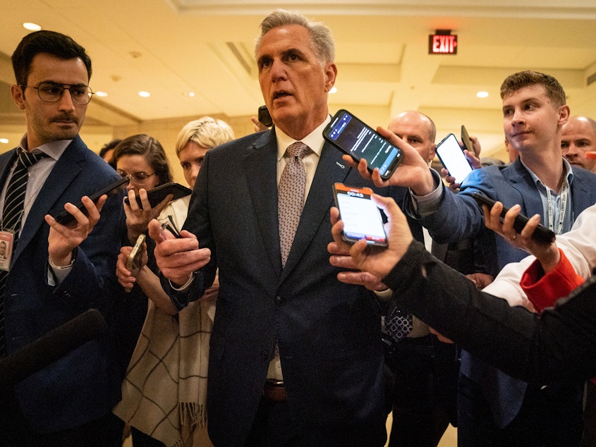 caption: House Minority Leader Kevin McCarthy (R-CA) speaks with reporters as he leaves a House Republican Caucus Meeting for the House Floor on Capitol Hill on Monday, Nov. 14, 2022 in Washington, DC.