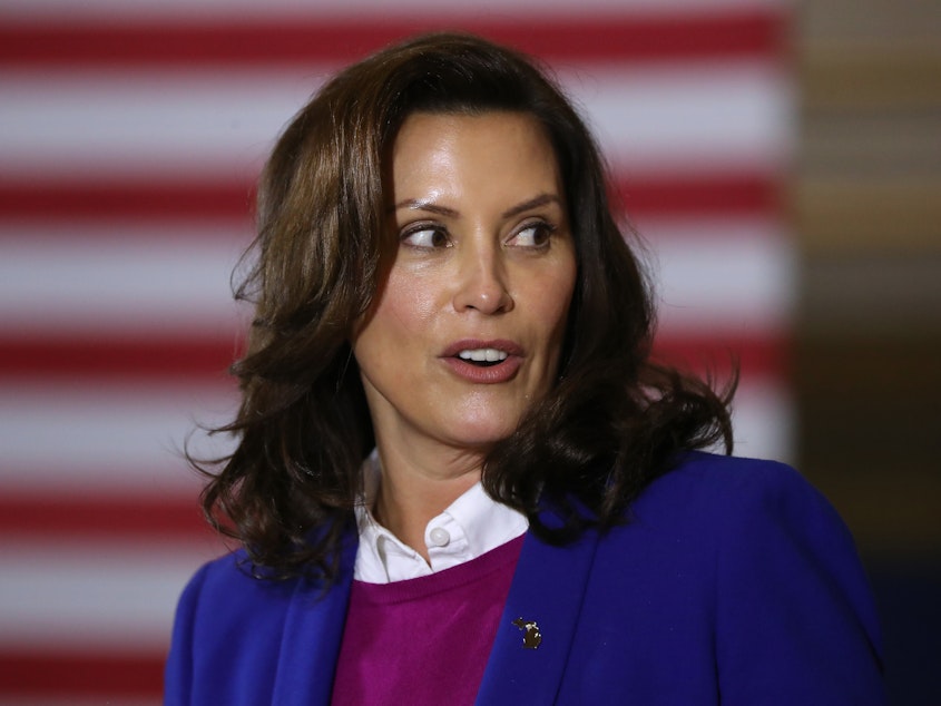 caption: Michigan Gov. Gretchen Whitmer is seen here campaigning for Democratic presidential nominee Joe Biden on Oct. 16.