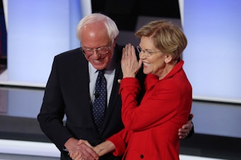 caption: Sens. Bernie Sanders of Vermont and Elizabeth Warren of Massachusetts greet each other at the start of the Democratic presidential debate in Detroit in July.