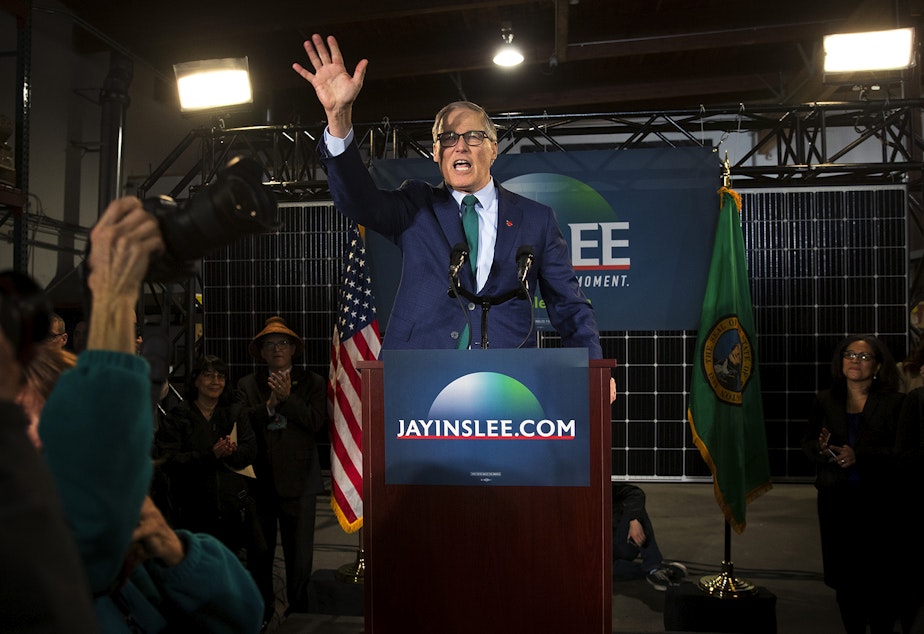 caption: Governor Jay Inslee waves to a crowd after speaking about his candidacy for President on Friday, March 1, 2019, at A&R Solar on Martin Luther King Jr. Way in Seattle. Tap or click on the first image to see more.