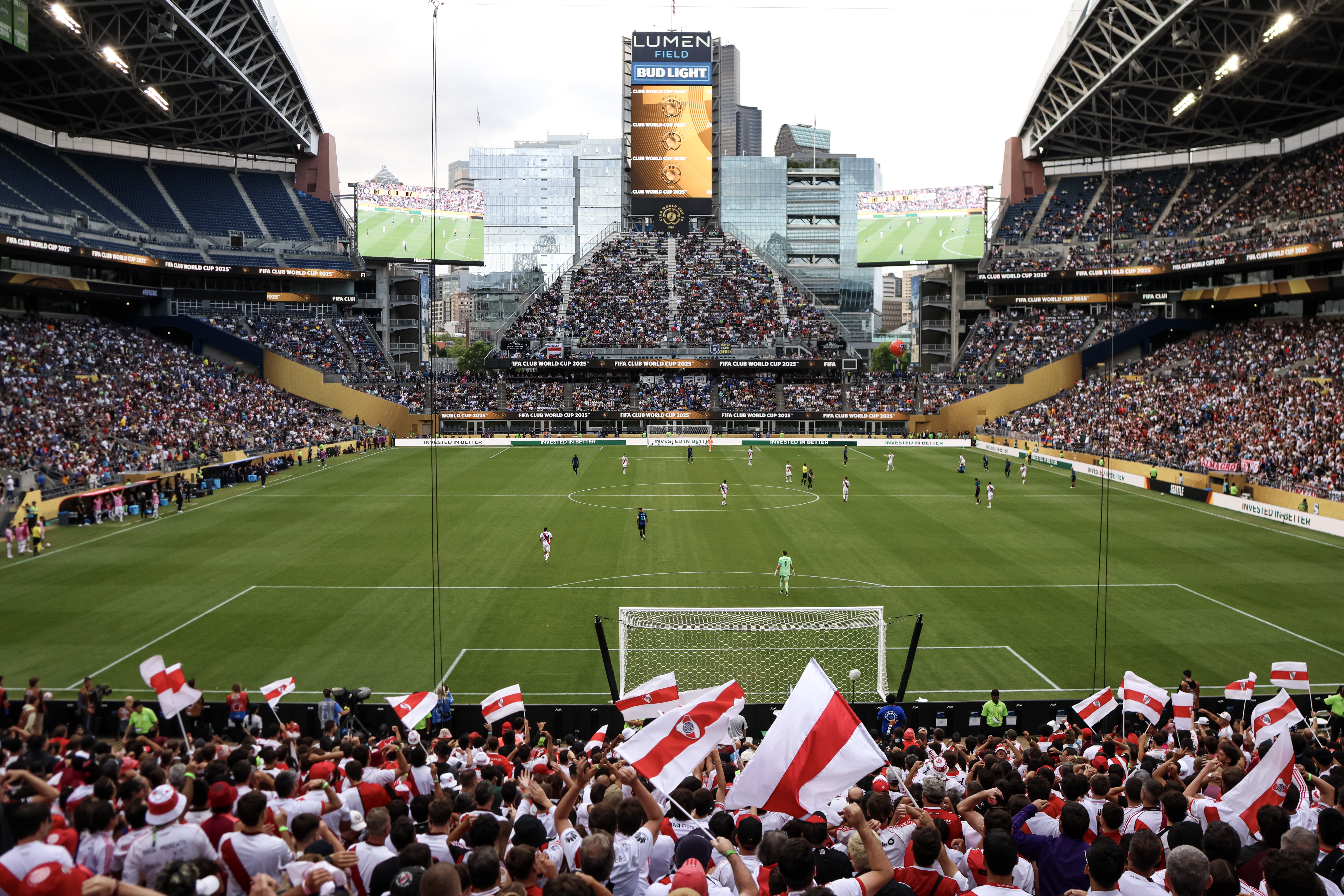 caption: Supporters of the Argentinian squad, River Plate, flooded Lumen Field on June 25, 2025, as their team played against Inter Milan in the FIFA Club World Cup.