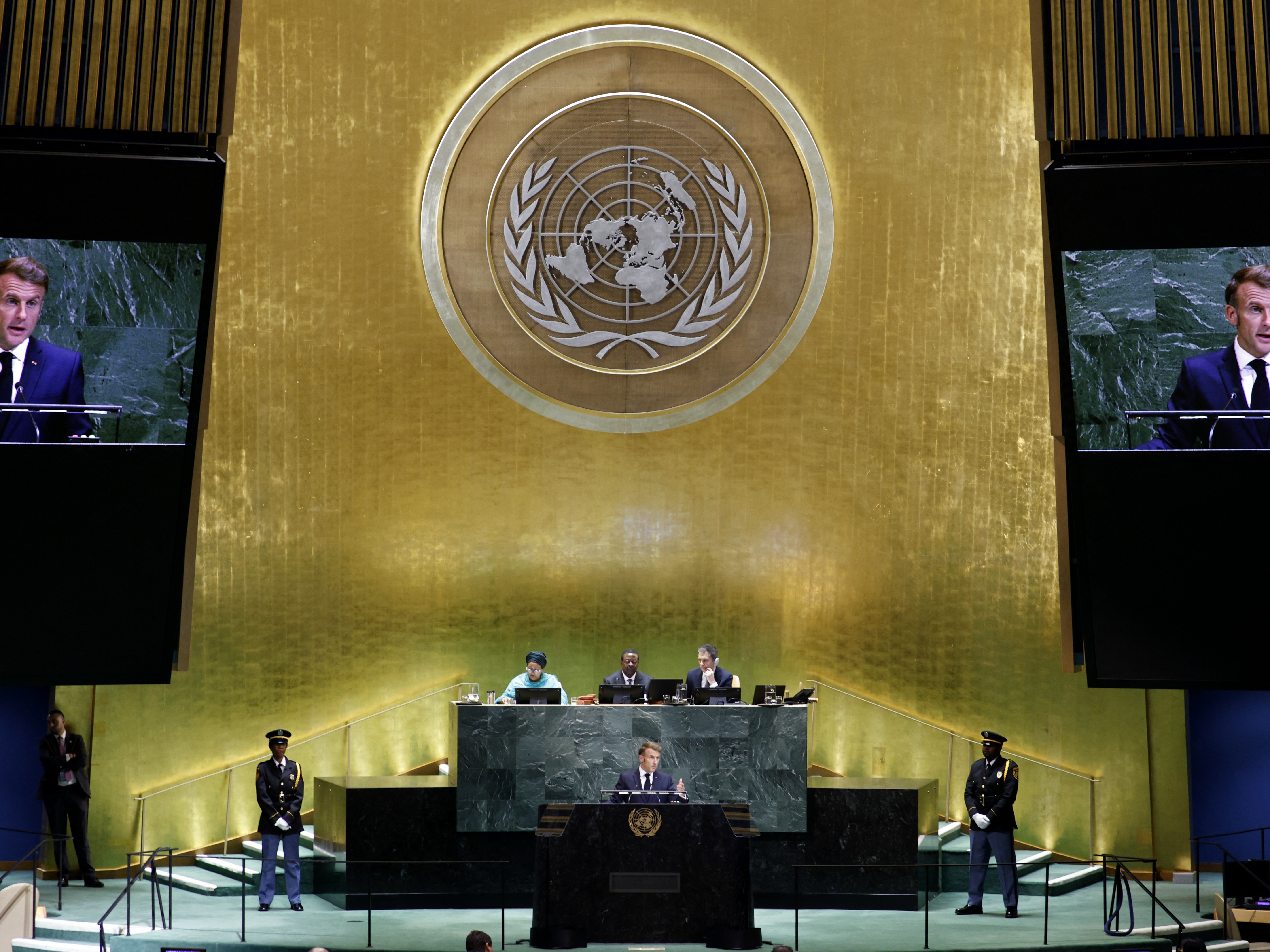 caption: French President Emmanuel Macron addresses the United Nations General Assembly in New York City on Sept. 23.