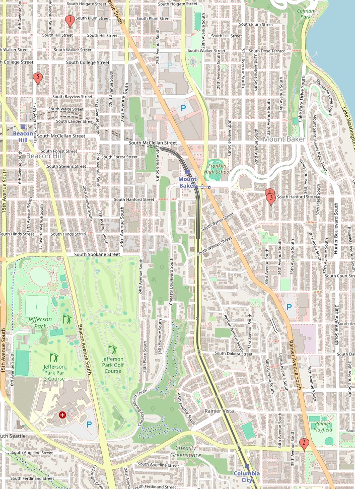 caption: A map of where the recent arsons have occurred in Seattle's Mt. Baker and Columbia City neighborhoods.