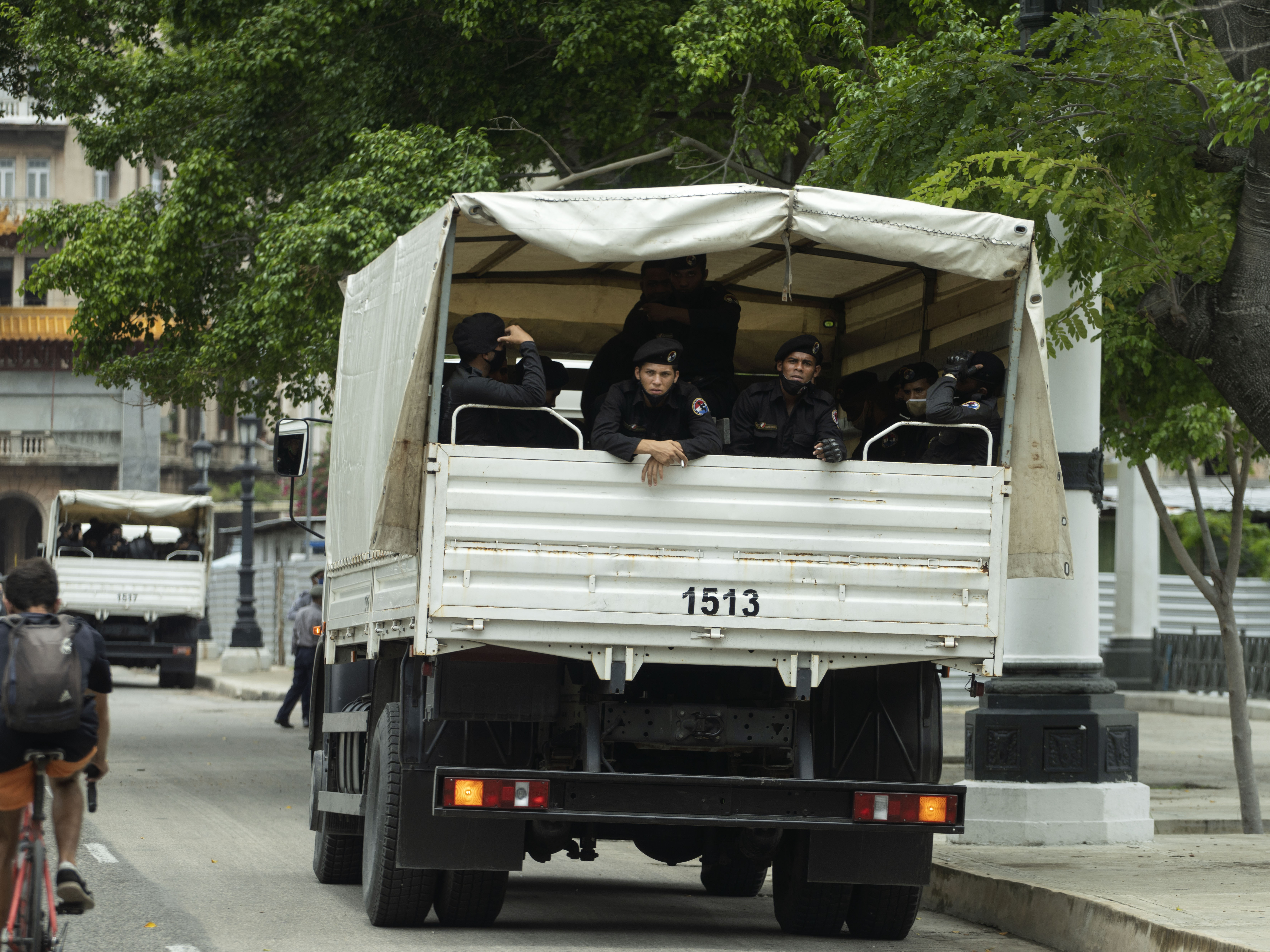 caption: A truck of special forces police sits parked outside National Capitol building in Havana, Cuba, Wednesday, July 14, 2021, days after protests.