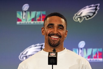 caption: Philadelphia Eagles quarterback Jalen Hurts speaks during an NFL football Super Bowl team availability, Wednesday, Feb. 8, 2023, in Phoenix. Jalen Hurts is set to sign one of the richest deals in NFL history, agreeing to a five-year, $255 million extension with the Philadelphia Eagles, including $179.3 million guaranteed, a person with knowledge of the situation told The Associated Press.
