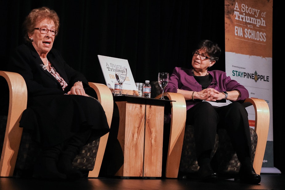 caption: Eva Schloss and Ana Mari Cauce
