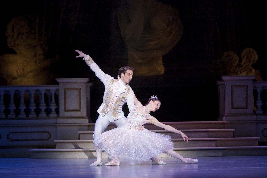 caption: Pacific Northwest Ballet principal dancer Lucien Postlewaite with former principal dancer Rachel Foster in Kent Stowell's "Cinderella"