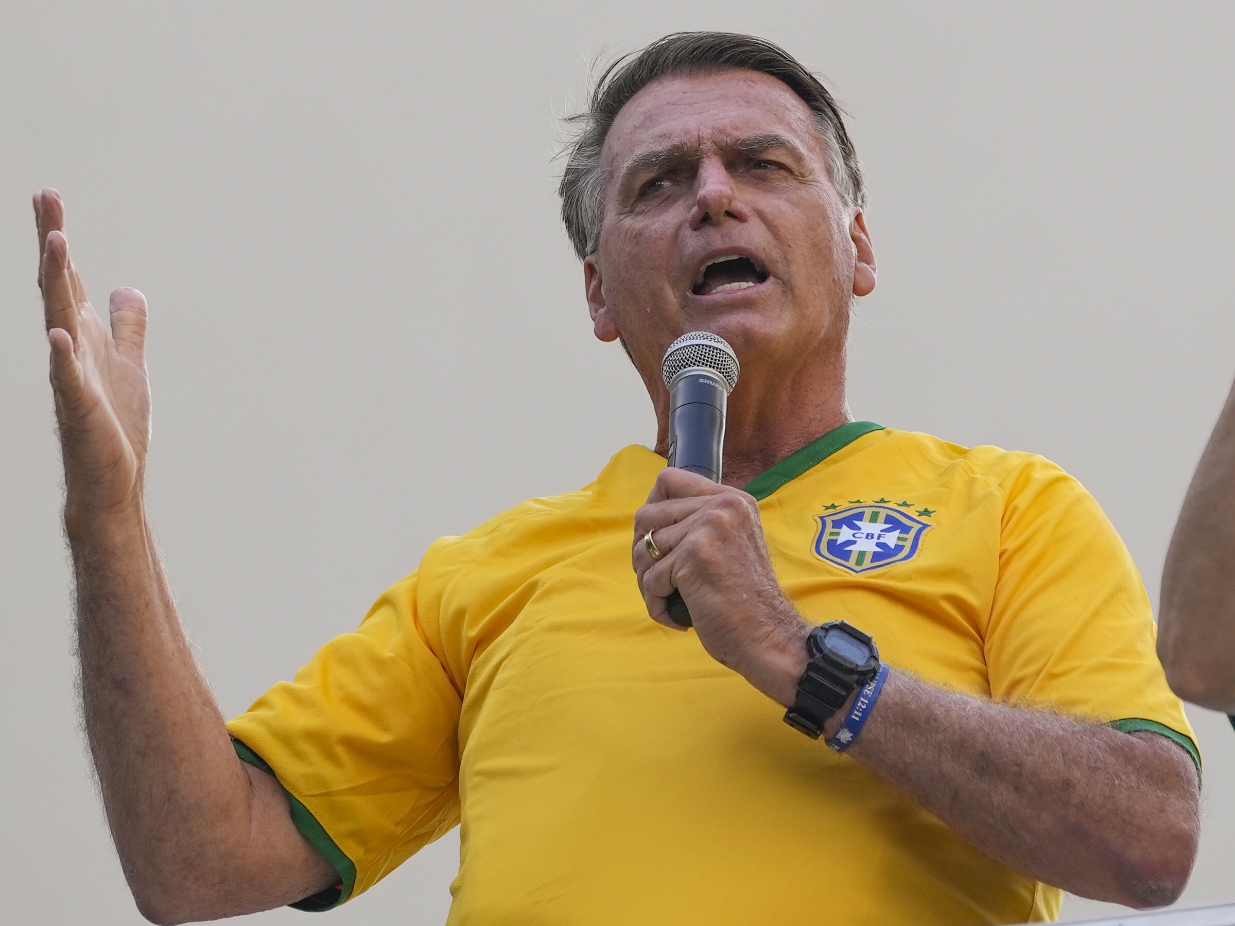 caption: Former President Jair Bolsonaro addresses supporters during a rally in Sao Paulo, Brazil, Feb. 25, 2024.