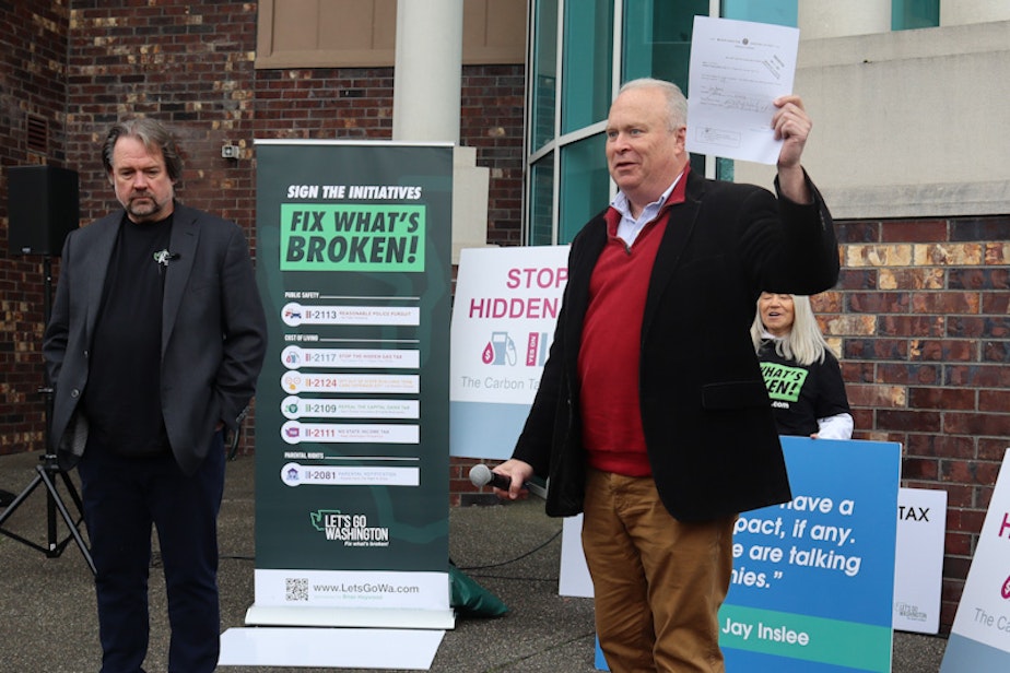 caption: Two key figures behind the initiative effort, financial backer Brian Heywood (left) and Washington State Republican Party chair Rep. Jim Walsh (R-Aberdeen), helped drop off petitions at the Secretary of State's office in Tumwater last fall in order to qualify the initiatives for ballot consideration in 2024. At least 325,516 registered Washington voters needed to sign the petitions in order for them to move forward.