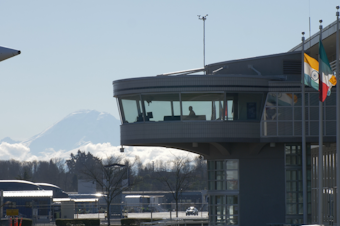 caption: A view of Mount Rainier from Boeing Field in south Seattle.