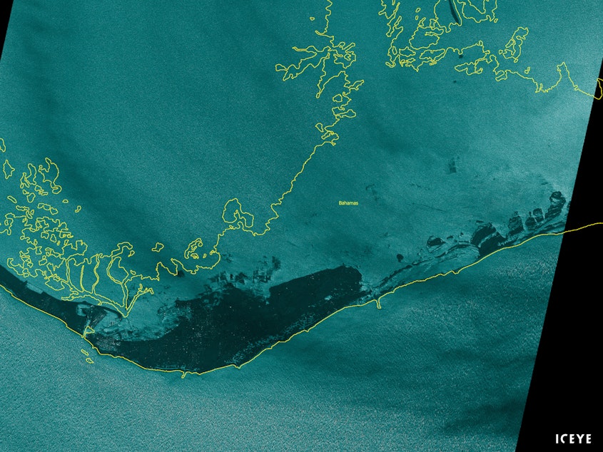 caption: An satellite image from the company ICEYE shows flooding on Grand Bahama on Monday. The satellite uses radar to look through the clouds.