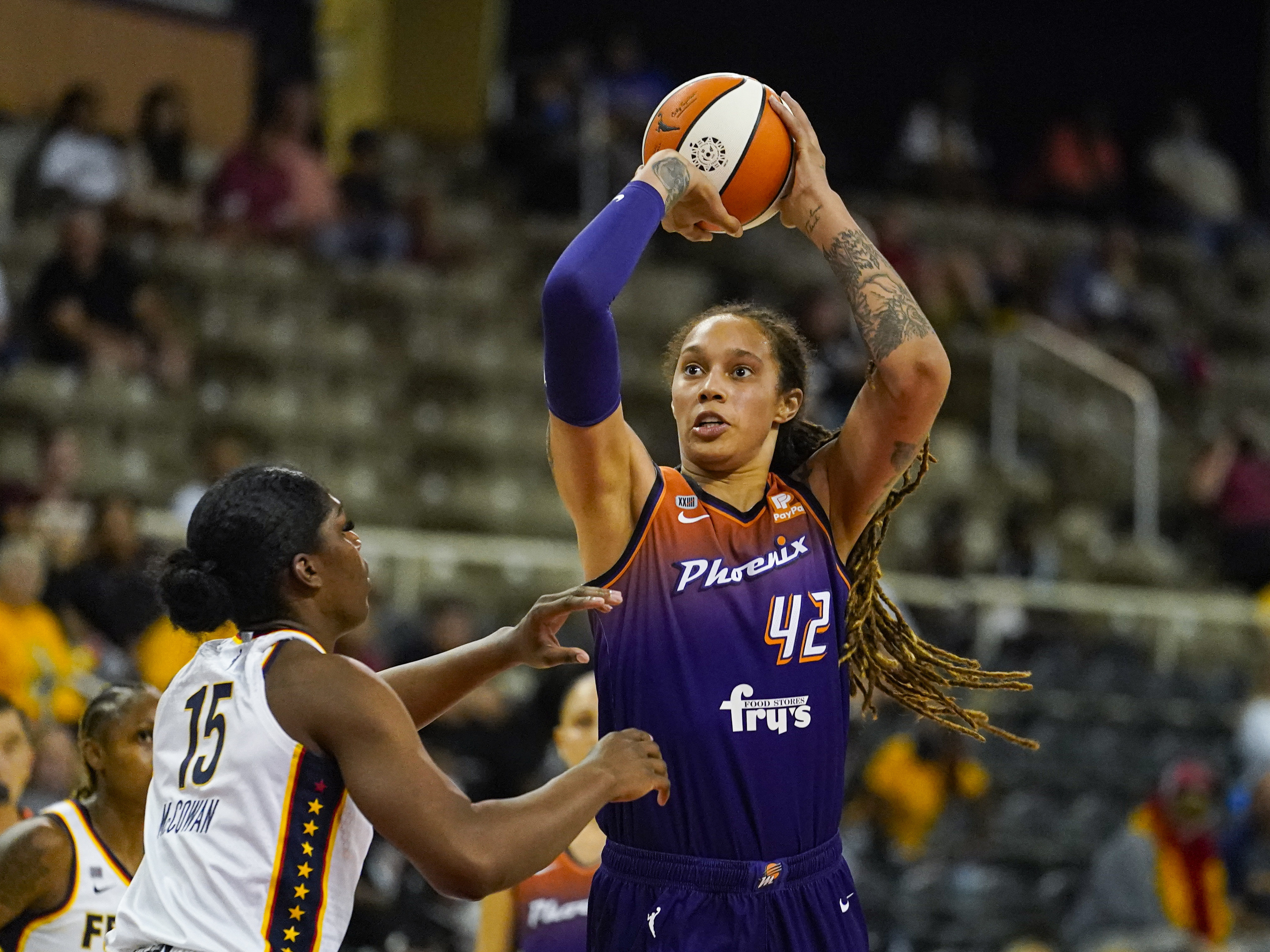 caption: Phoenix Mercury center Brittney Griner plays in a September 2021 game. In her first public comments since being freed from Russia, she says she will play in the next WNBA season.