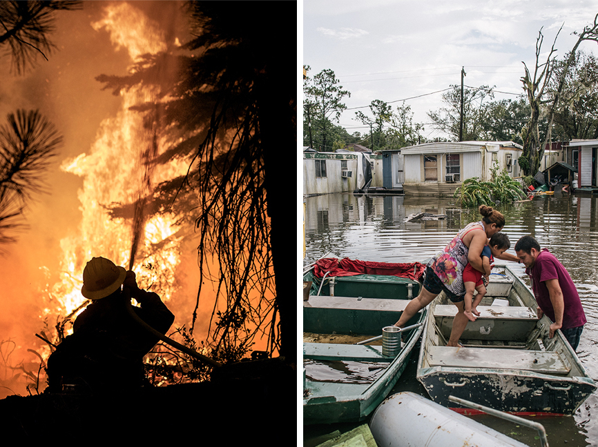 caption: <strong>Left:</strong> A firefighter with the U.S. Forest Service battles the advancing Caldor Fire on Aug. 28, in Strawberry, Calif. <strong>Right:</strong> Marlon Maldonado helps his wife and child into a boat to travel to their home after it flooded during Hurricane Ida on Aug. 31, in Barataria, La.
