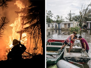 caption: <strong>Left:</strong> A firefighter with the U.S. Forest Service battles the advancing Caldor Fire on Aug. 28, in Strawberry, Calif. <strong>Right:</strong> Marlon Maldonado helps his wife and child into a boat to travel to their home after it flooded during Hurricane Ida on Aug. 31, in Barataria, La.